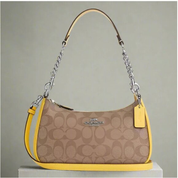 Coach Teri Shoulder Bag Brown CA548 Signature Canvas Yellow Crossbody ORGPKG - Picture 1 of 13